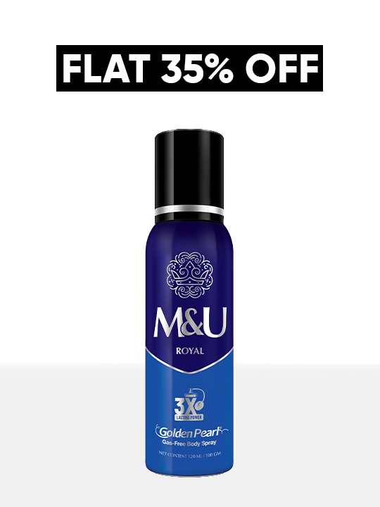 Blue deodorant spray bottle with black cap on a white background, featuring &