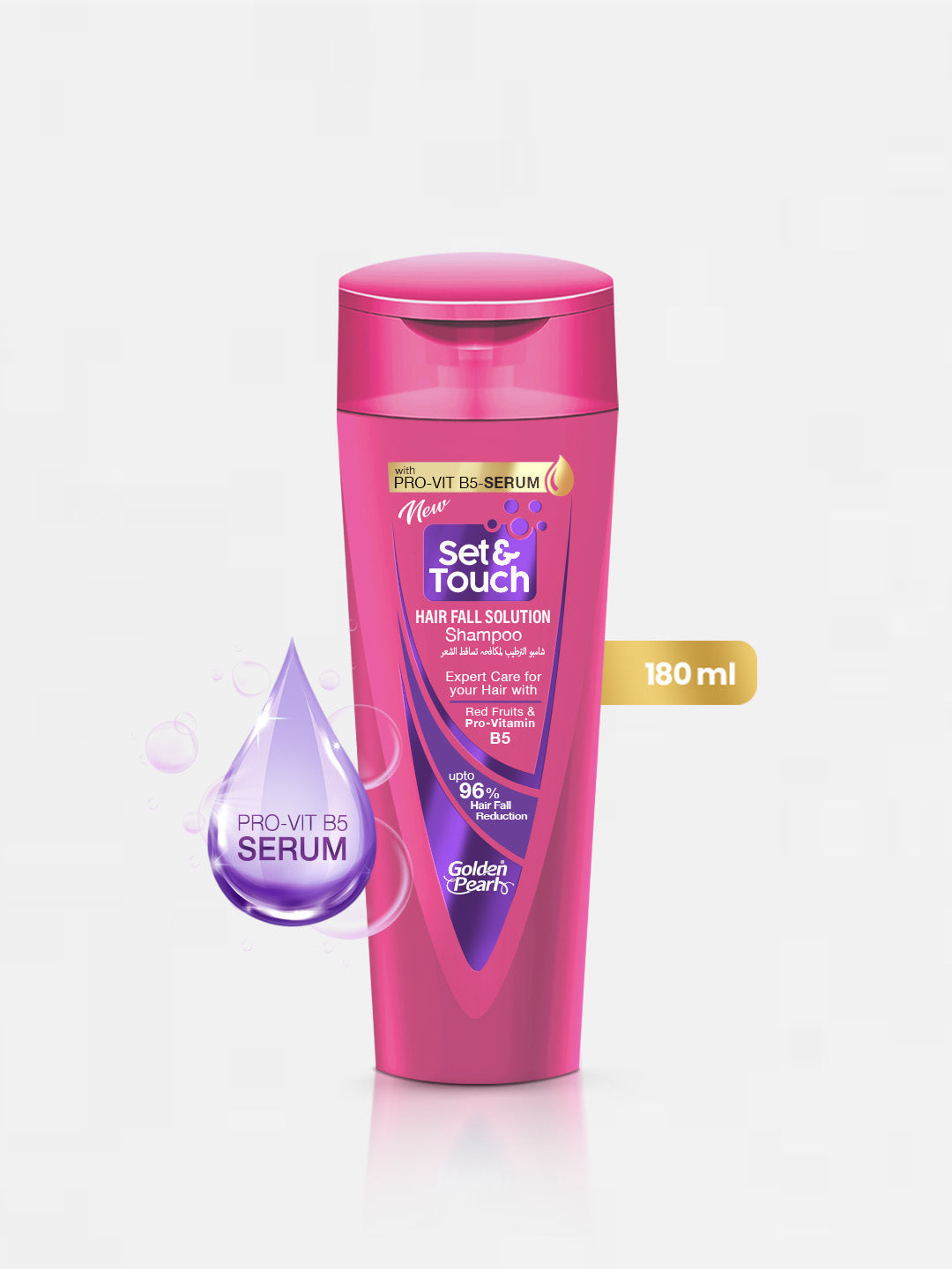 Pink bottle of Set &amp; Touch hair care product on a white background