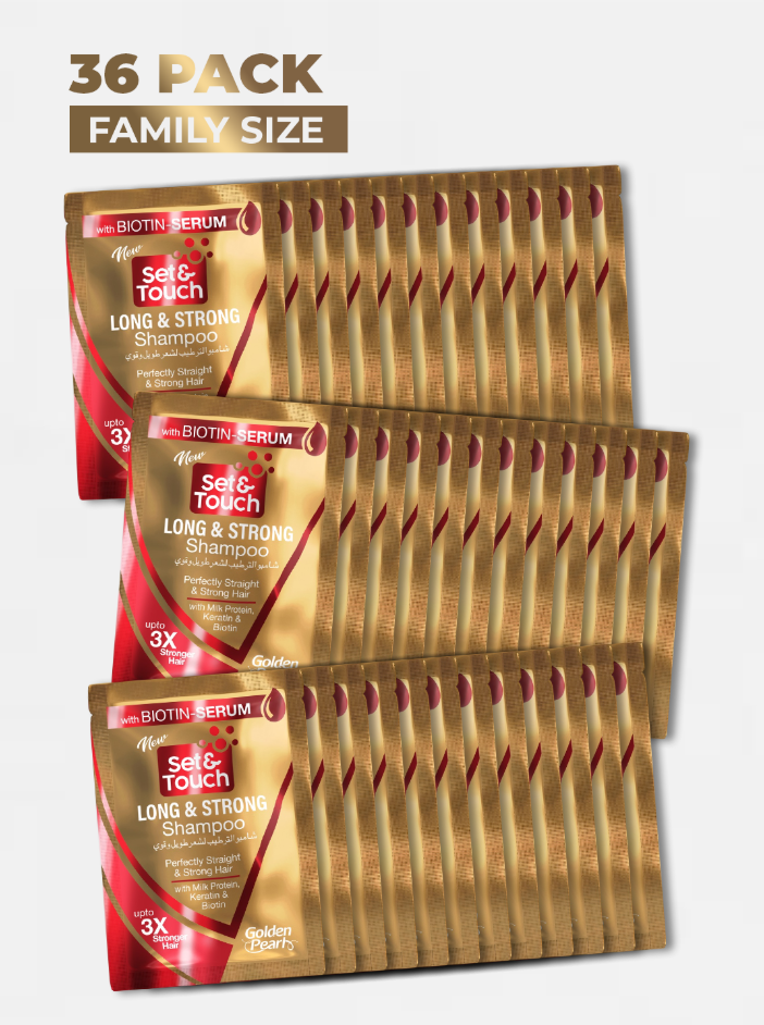 36-pack of Set & Touch Long & Strong Shampoo packets on a light gray background