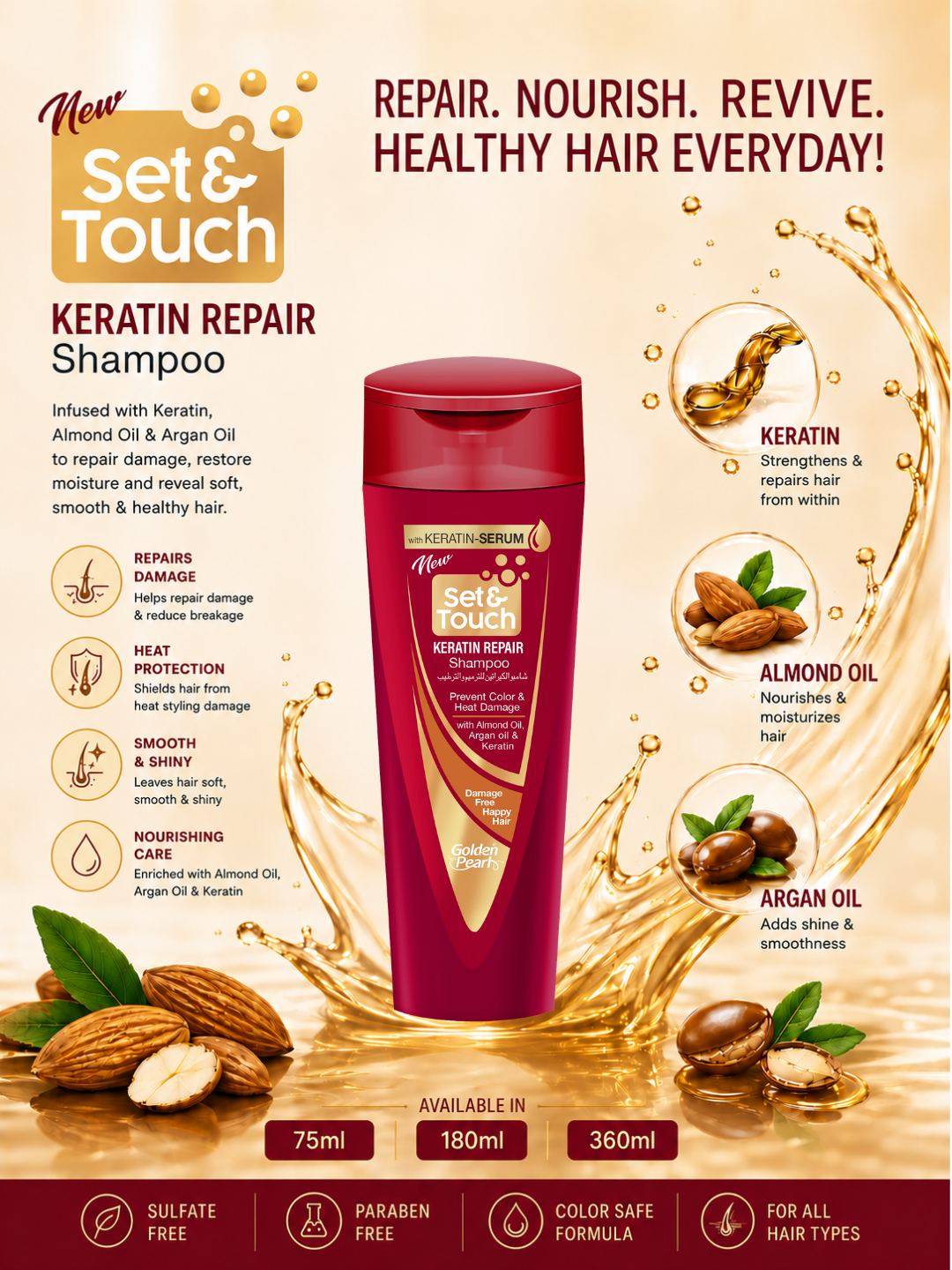 Set & Touch Keratin Repair Shampoo bottle with product features and benefits on a beige background