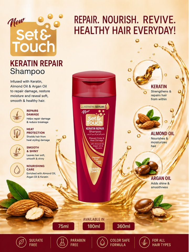 Set &amp; Touch Keratin Repair Shampoo bottle with product features and benefits on a beige background