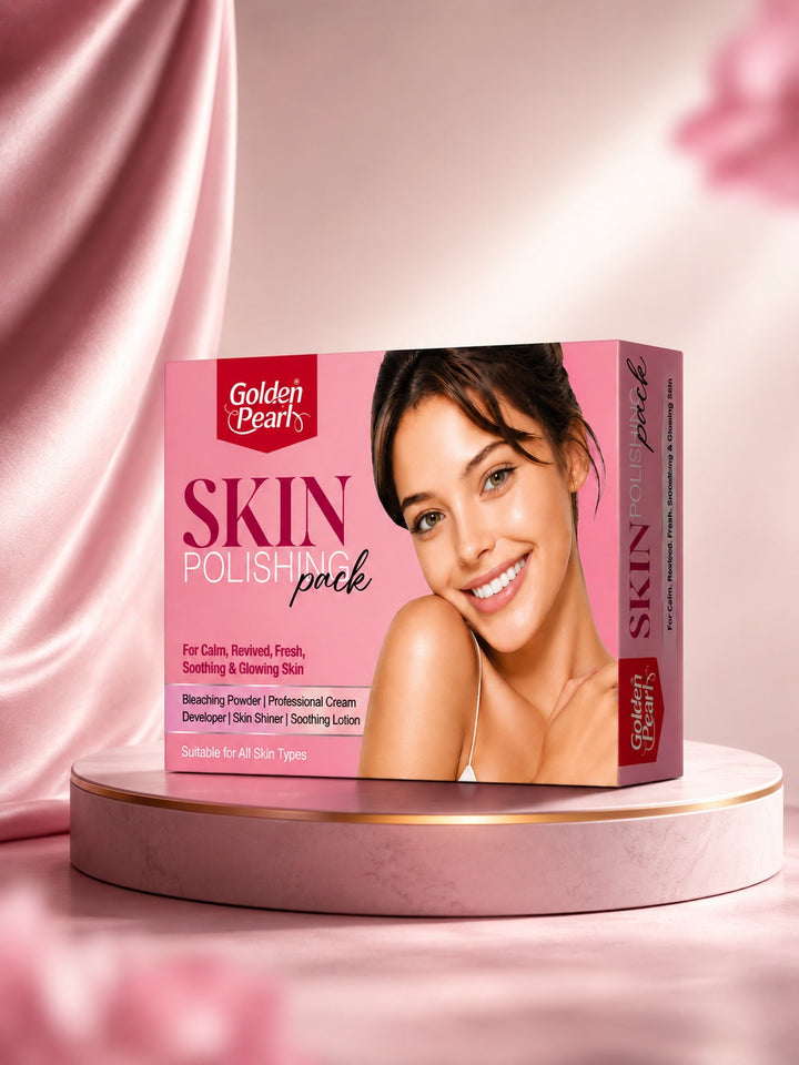 Skin Polishing Pack box displayed on a round pink pedestal with draped satin fabric in the background. The pink packaging features a smiling woman&