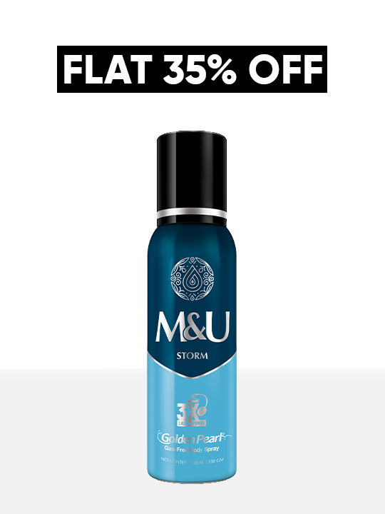 M&U Storm deodorant spray bottle with promotional text on a white background