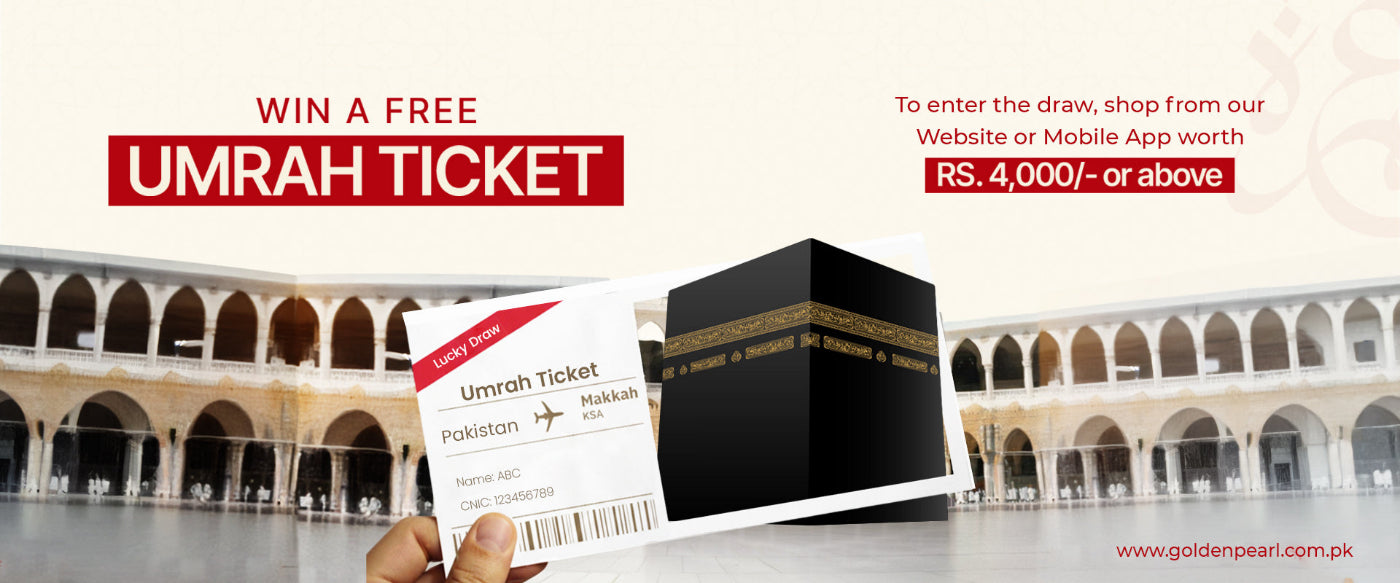 Promotional banner for a free Umrah ticket draw with a Kaaba image and architectural background.