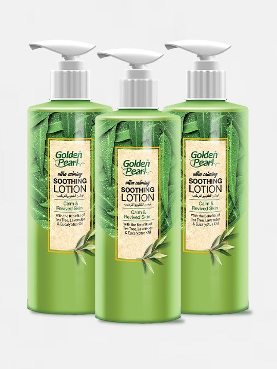 Three bottles of Golden Pearl Soothing Lotion on a white background