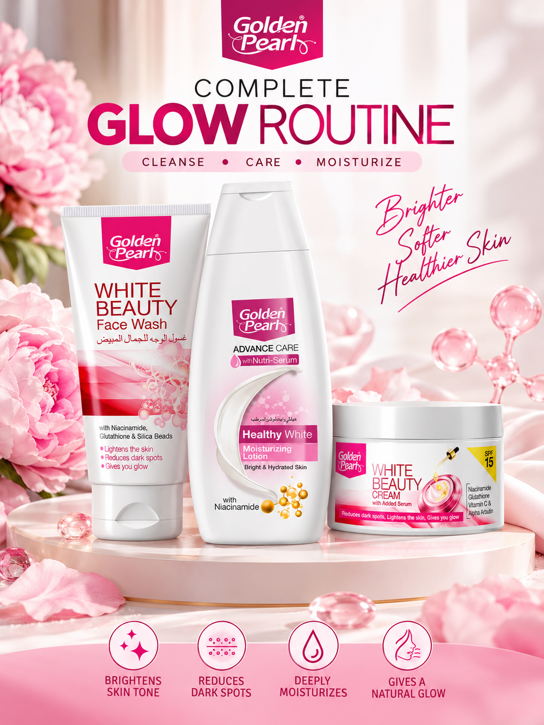 Golden Pearl Complete Glow Routine with White Beauty Face Wash, White Beauty Cream and Healthy White Moisturizing Lotion