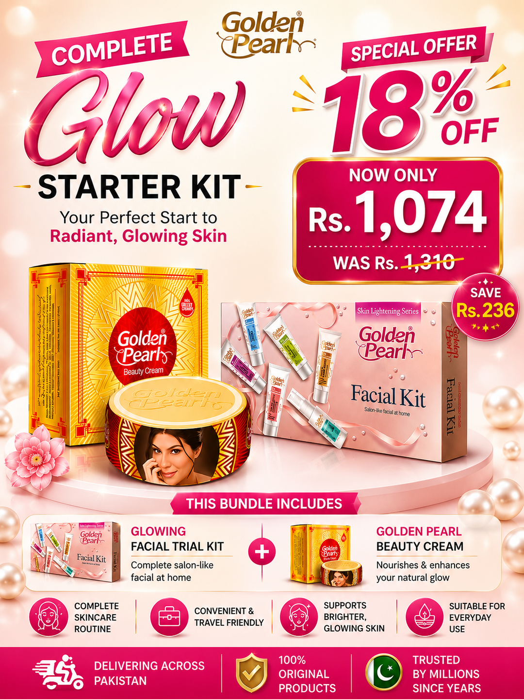 Promotional advertisement for Golden Pearl skincare products with a starter kit and facial cream.