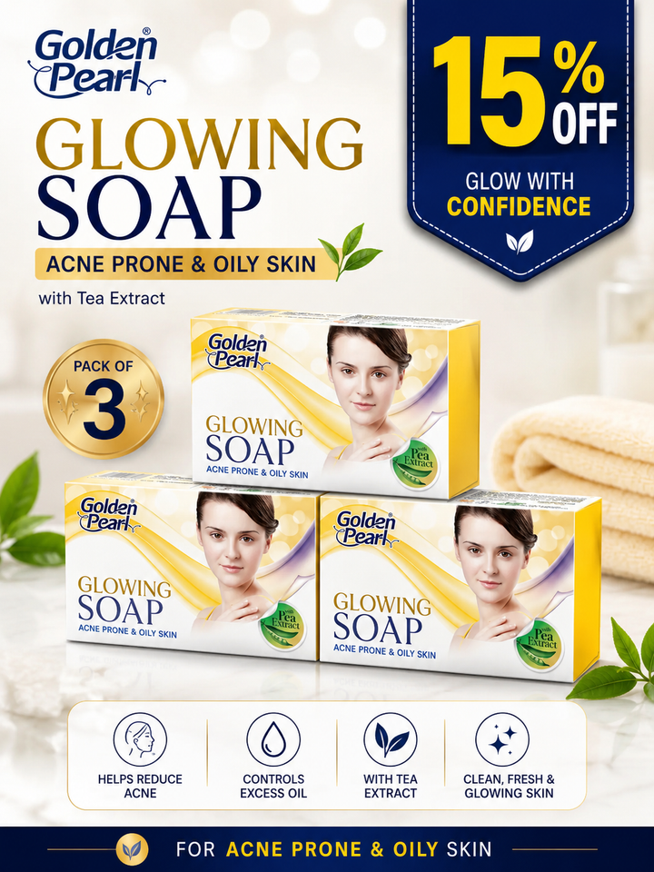 Golden Pearl Glowing Soap packaging for acne-prone and oily skin with tea extract, featuring a discount offer.
