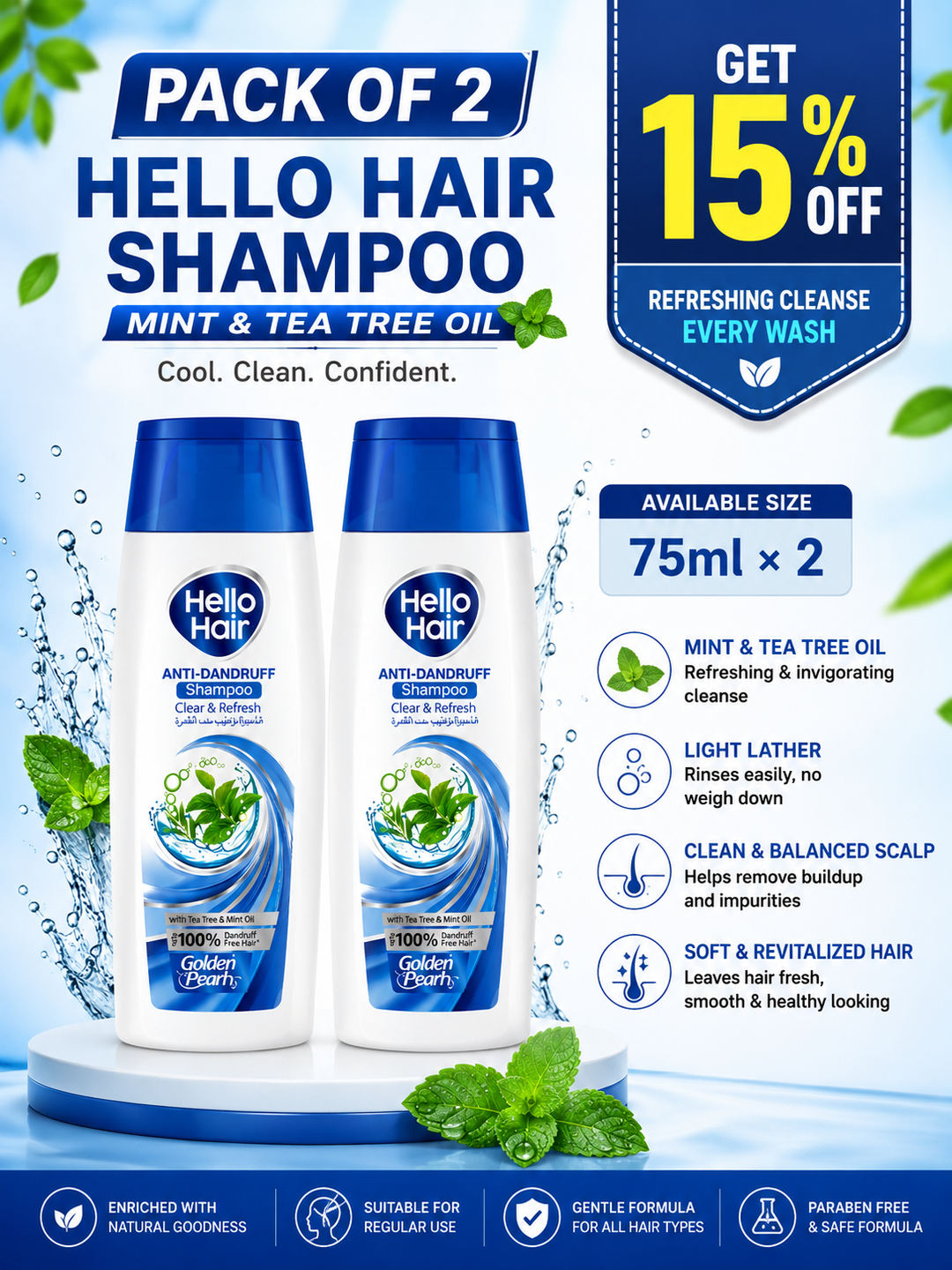 Pack of 2 Hello Hair Shampoo bottles with promotional text on a blue background