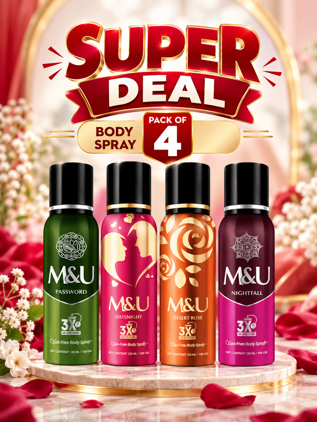 Four M&U body spray bottles with a promotional banner indicating a super deal.