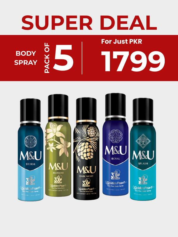 Pack of 5 M&U body spray bottles with a promotional offer on a white background