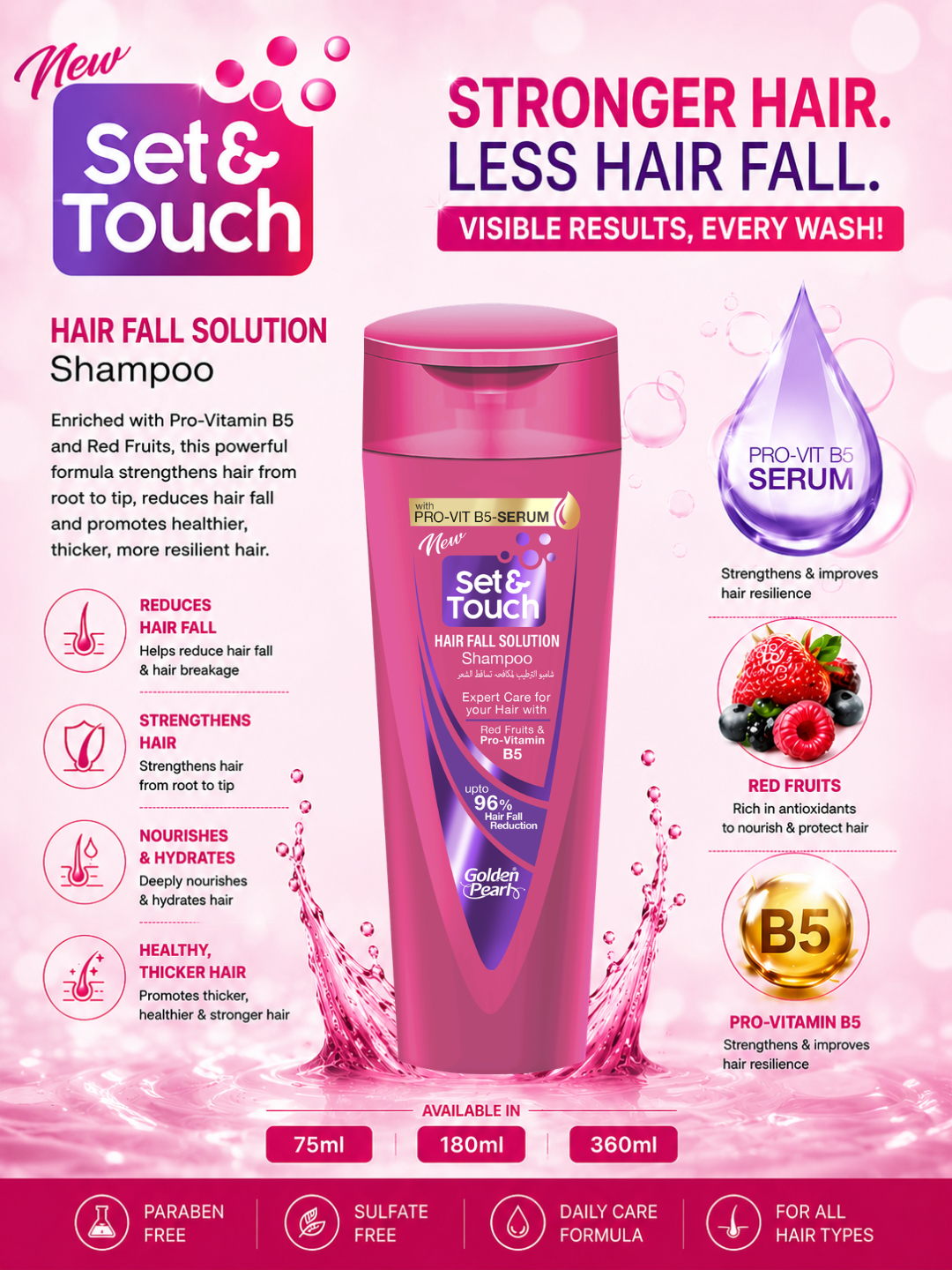 stronger hair, less hair fall, set & touch hair fall solution shampoo (anti hair fall), information